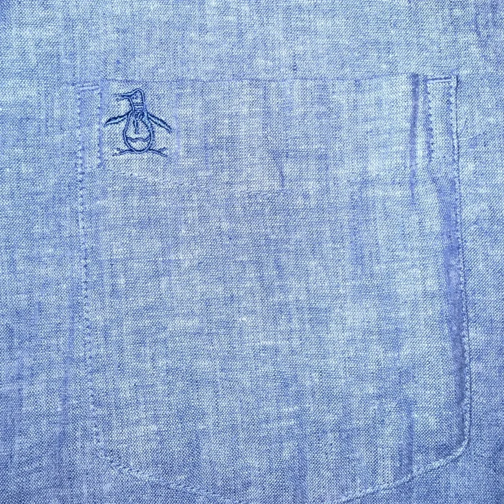 Original Penguin Linen Blend Button-Down Shirt Blue Chambray L Casual ResortWear - Picture 9 of 10